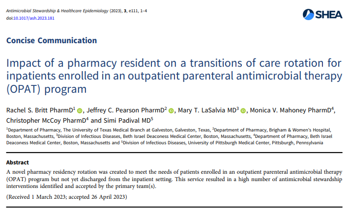 Monica Mahoney (@mmpharmd) on Twitter photo Excited to share our 📰 highlighting interventions our PGY2s <a href="/jeffpears0n/">Jeff Pearson</a> <a href="/RachelBPharmD/">Rachel Britt, PharmD, BCIDP</a> made prior to having an official #OPAT program/RPh.
Even if your 🏥 doesn't have a formal team/RPh FTE, offering this rotation type can be mutually beneficial!
cambridge.org/core/journals/… Excited to share our 📰 highlighting interventions our PGY2s <a href="/jeffpears0n/">Jeff Pearson</a> <a href="/RachelBPharmD/">Rachel Britt, PharmD, BCIDP</a> made prior to having an official #OPAT program/RPh.
Even if your 🏥 doesn't have a formal team/RPh FTE, offering this rotation type can be mutually beneficial!
cambridge.org/core/journals/…