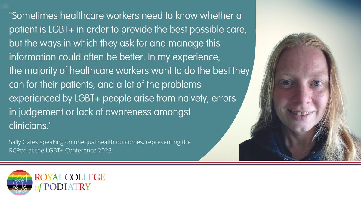 Royal College of Podiatry (@roycolpod) on Twitter photo The TUC LGBT+ Conference 2023 is underway in London, with RCPod representatives in attendance. Representative Sally Gates is speaking in support of the motion on unequal health outcomes.
#TUCLGBT
<a href="/martinfurlong/">Martin Furlong</a> <a href="/chelseadi/">Diana Scott-Brown</a> <a href="/TUCEquality/">TUCEquality</a> The TUC LGBT+ Conference 2023 is underway in London, with RCPod representatives in attendance. Representative Sally Gates is speaking in support of the motion on unequal health outcomes.
#TUCLGBT
<a href="/martinfurlong/">Martin Furlong</a> <a href="/chelseadi/">Diana Scott-Brown</a> <a href="/TUCEquality/">TUCEquality</a>