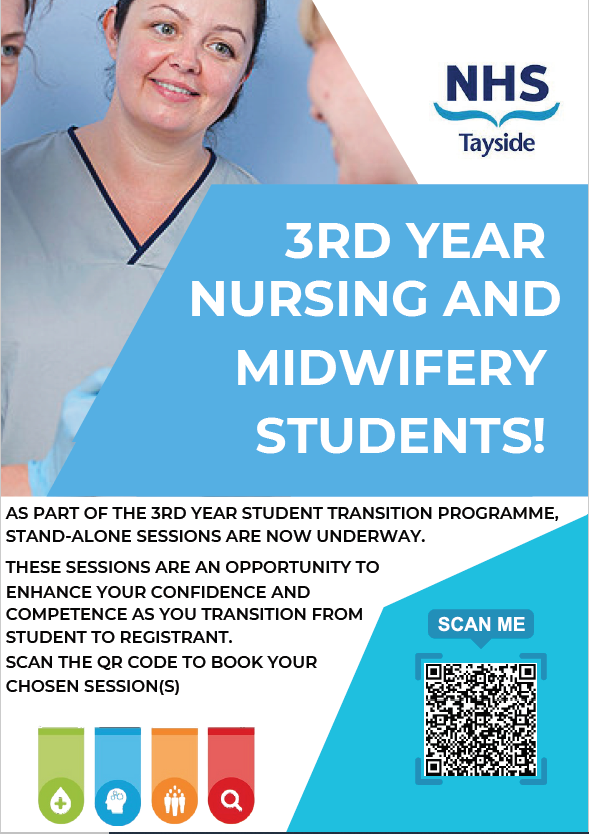 NHST_PPD's tweet image. Our Student Transition Programme stand-alone sessions are well underway. We welcome any third year student nurses or midwives who would like to learn about a variety of topics from our teams across NHS Tayside. Scan the QR code below to book on.