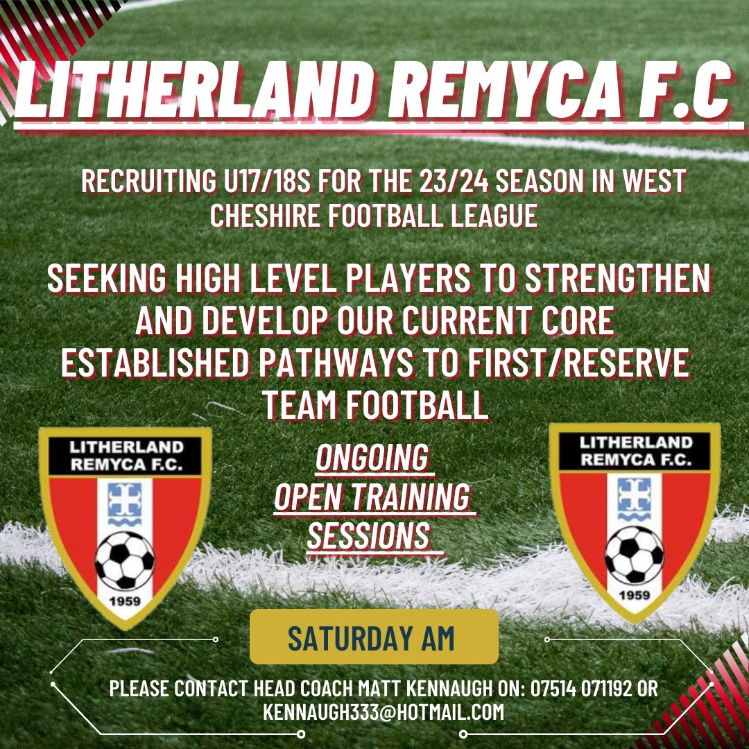 remyca_youth's tweet photo. Preseason starts this weekend so get in touch.

Still looking for players, in particular a defender and attacker. Plenty of opportunities in our team and carving a path to senior mens football 🔴⚫️

#Grassrootsfootball @WestCheshireLge 
@RemycaUtd https://t.co/el9IY41FHf