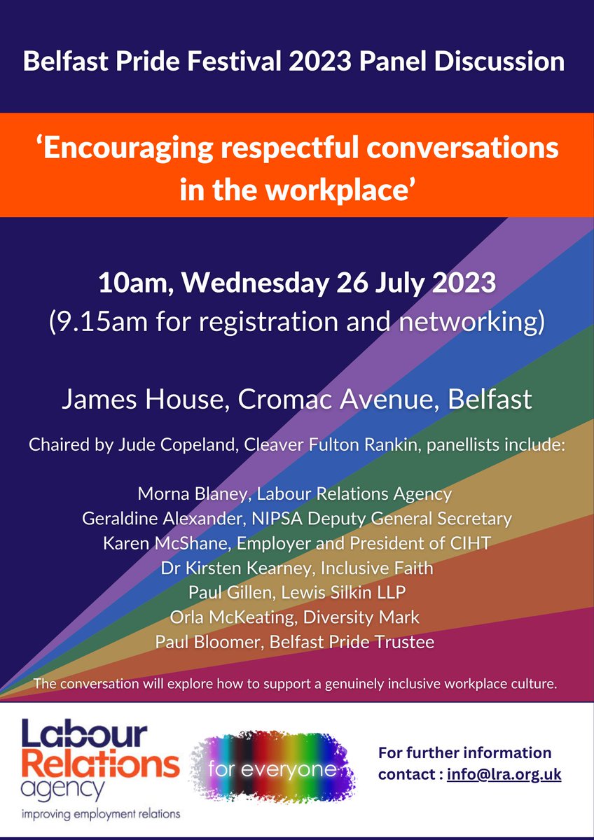 The Labour Relations Agency - Northern Ireland (@lra_nireland) on Twitter photo So excited to announce our Belfast Pride 23 Panel Discussion on 26 July "Encouraging respectful conversations in the workplace." Register free at bit.ly/46ugBCI
<a href="/mcshane__karen/">K McShane</a> <a href="/orla_mckeating/">Orla McKeating (she/her)</a> @Bloomeroid <a href="/jucopel/">Jude</a> <a href="/PAJGILLEN/">Paul Gillen</a> <a href="/ESCBelfast/">esc films</a> <a href="/belfastpride/">Belfast Pride</a> #LRAPridePanel23 So excited to announce our Belfast Pride 23 Panel Discussion on 26 July "Encouraging respectful conversations in the workplace." Register free at bit.ly/46ugBCI
<a href="/mcshane__karen/">K McShane</a> <a href="/orla_mckeating/">Orla McKeating (she/her)</a> @Bloomeroid <a href="/jucopel/">Jude</a> <a href="/PAJGILLEN/">Paul Gillen</a> <a href="/ESCBelfast/">esc films</a> <a href="/belfastpride/">Belfast Pride</a> #LRAPridePanel23