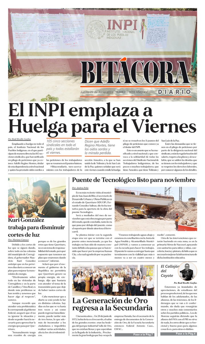 BitacoraDiario_'s tweet photo. Las #Noticias aquí en Bitácora Diario👇

✓ 🪧 El @INPI emplaza la huelga para el viernes

 ✓💡 @Mauricio Kuri trabaja para disminuir los cortes de luz

✓🪙 La generación de oro regresa a la secundaria

La información completa la encuentras aquí 👇
 *https://t.co/MCMtbQjgB1* https://t.co/0R5a1bFajD