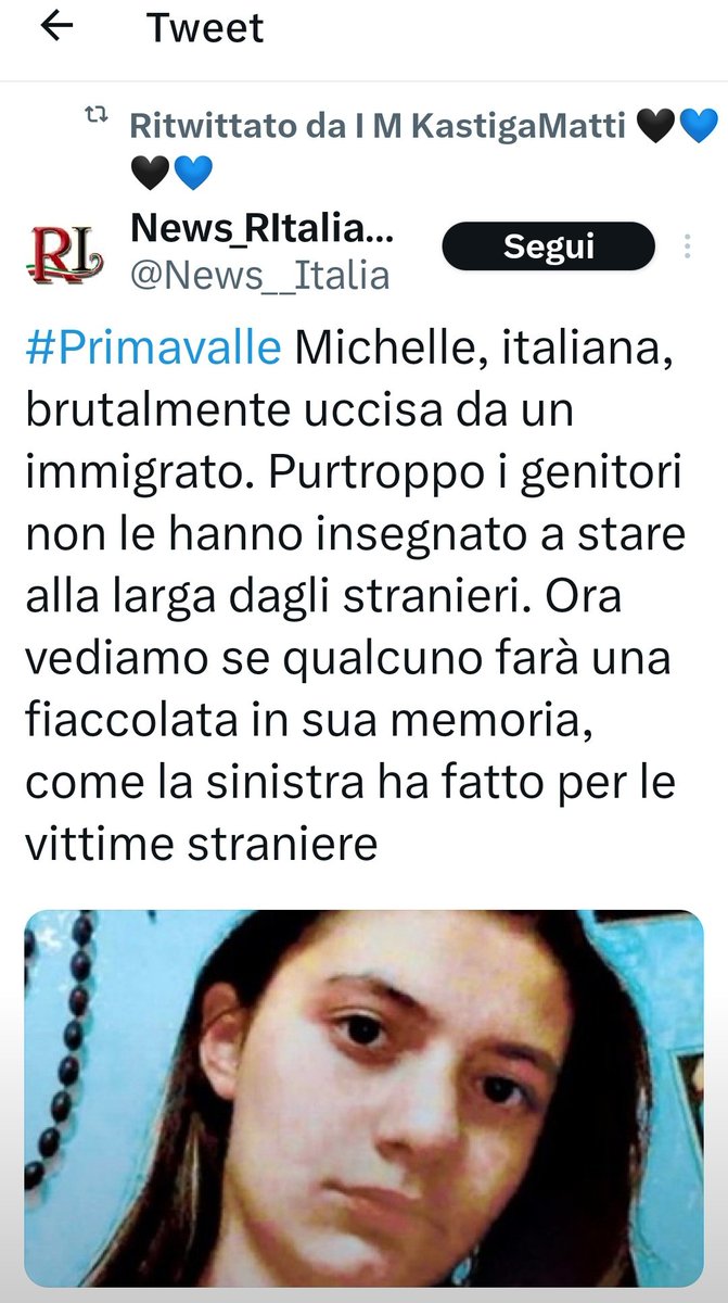 Un altro brutale #femminicidio e questi mentecatti ne riportano la notizia per ostentare razzismo.
Lo schifo nella tragedia
#MichelleCauso #Primavalle