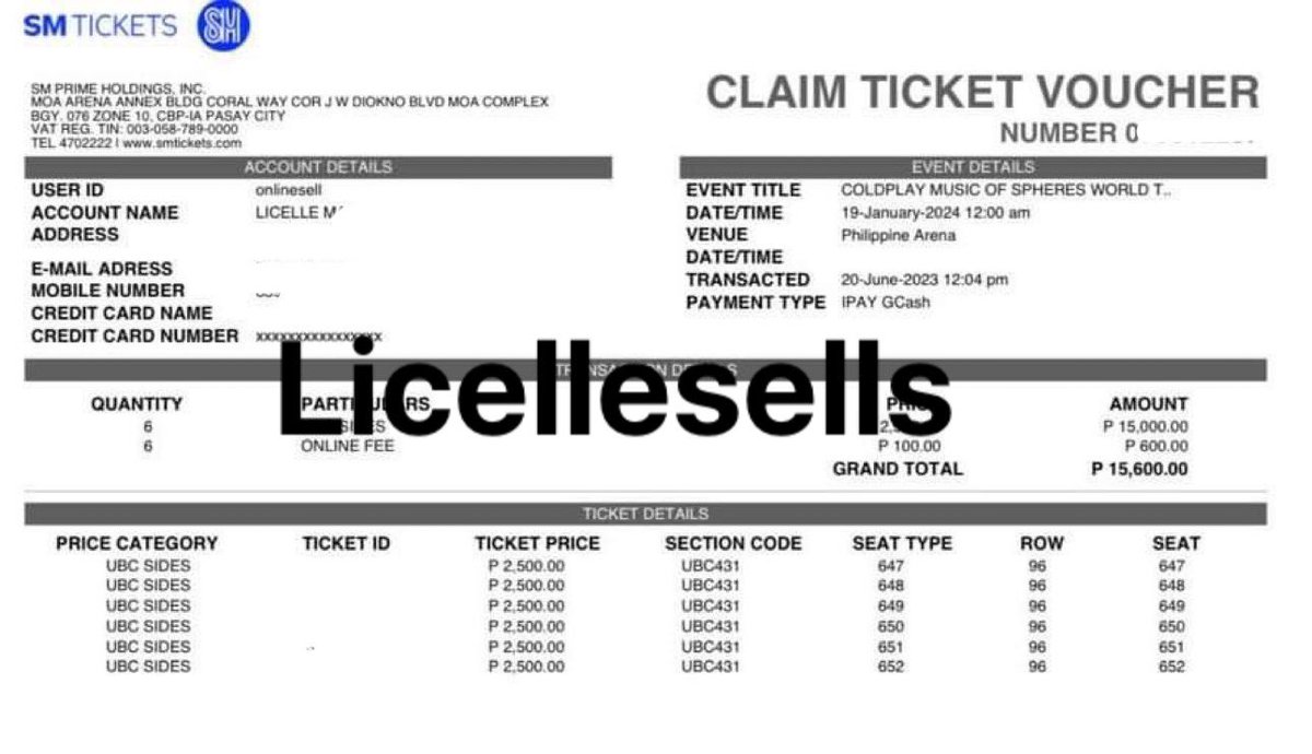 LicelleSells's tweet photo. May naghahanap pa ba COLDPLAY UBC SIDES ticket section 431???

I have extra 6 UBC SIDES TICKET (ADJACENT/MAGKATABI) for JUNE 19 show 

Price + ticketing assistance fee + SF via LBC 

DM ME ☺️ https://t.co/VaTy2kDWel