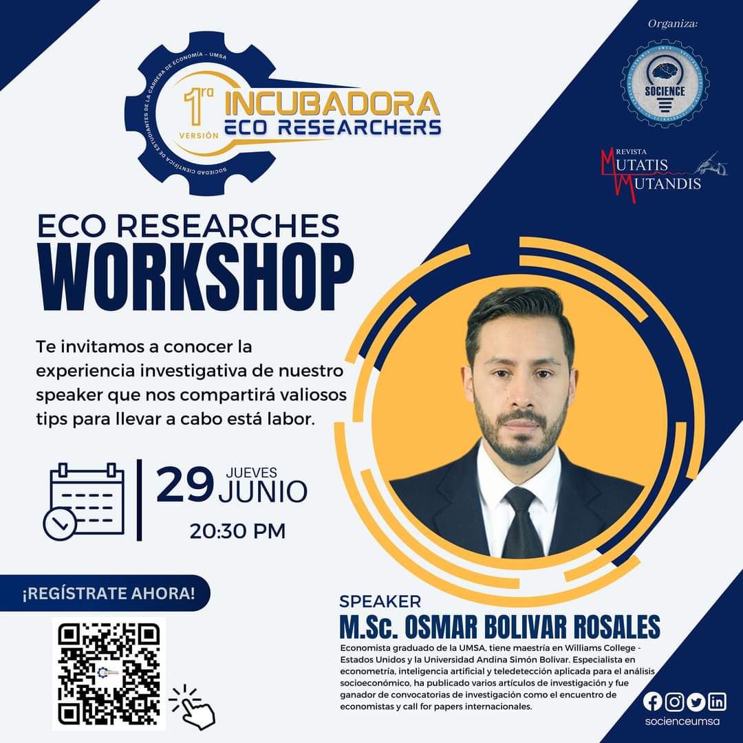socienceumsa's tweet photo. #WorkShop | 1ra Versión Incubadora ECO RESEARCHERS

¡Inscríbete y se parte de este proyecto! 

🔗 Formulario de Postulación:
https://t.co/f6Kwiu5qtn

#RevistaMutatisMutandis #PromovimiendolaInvestigaciónCientifica #Socience_UMSA https://t.co/vmaWNqn8G0