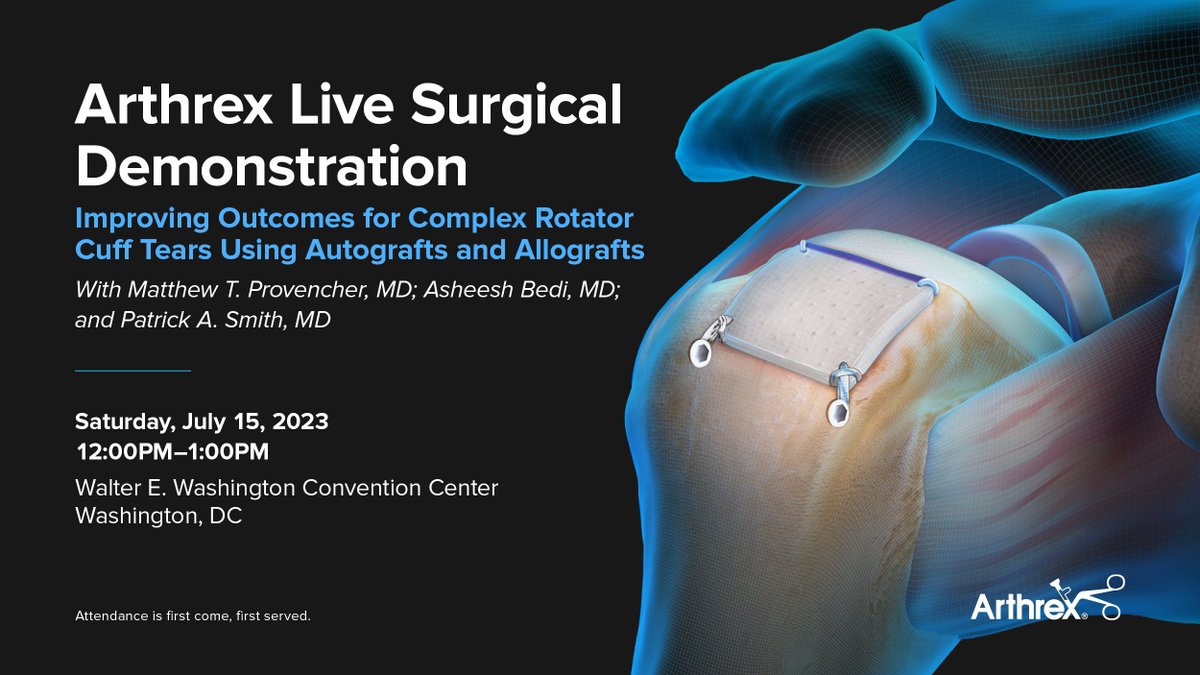 ArthrexMedEd's tweet image. #Arthrex is excited to see you all at #AOSSM2023! Join us at the OLC mobile lab for “Arthrex Live Surgical Demonstration: Improving Outcomes for Complex Rotator Cuff Tears Using Autografts and Allografts.” In this live cadaveric surgical demonstration, faculty will perform…