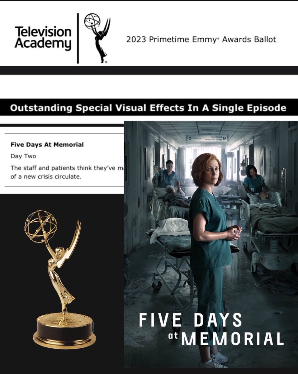 Well, today I am proud to say that our work at El Ranchito for Five Days At Memorial: Day Two is in the Emmy shortlist for outstanding special visual effect in a single episode! 

Congrats everyone involved! And let’s see if we have any chance!!! 

#vfx #emmy #fivedaysatmemorial