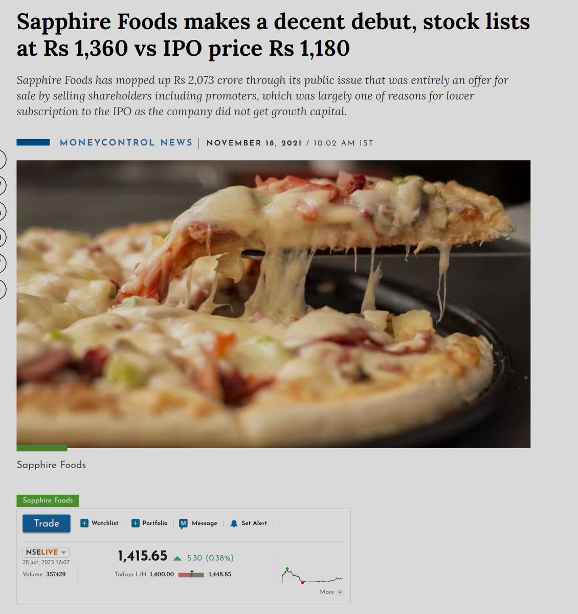 niveyshak's tweet image. Sapphire Foods
LTP: 1415

- Whenever the stock came out of channel, it made a darvax box (consolidation or accumulation phase)
- The Darvas box (2nd image)  
- Anchors at 1120-1180 
- Recent acquisitions at 1377 from QIB
- Decent listing gains

#IPO #darvas #dbox #sapphire