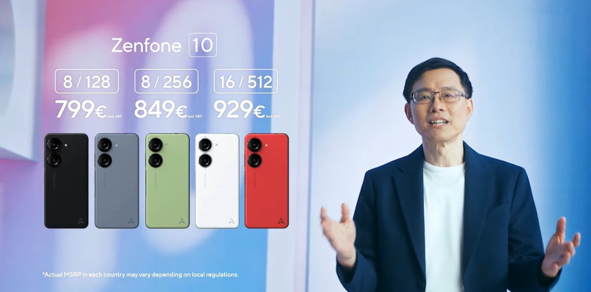 Asus Zenfone 10 launched at:

€799 for 8/128 GB
€849 for 8/256 GB
€929 for 16/512 GB

-LPDDR5X RAM
- UFS 4.0
- 5.9' Compact Size
- 5 Different Colours
- Snapdragon 8 Gen 2
- 1100 nits Peak Brightness
- 30W HyperCharge Adapter included
- Phone Case included
