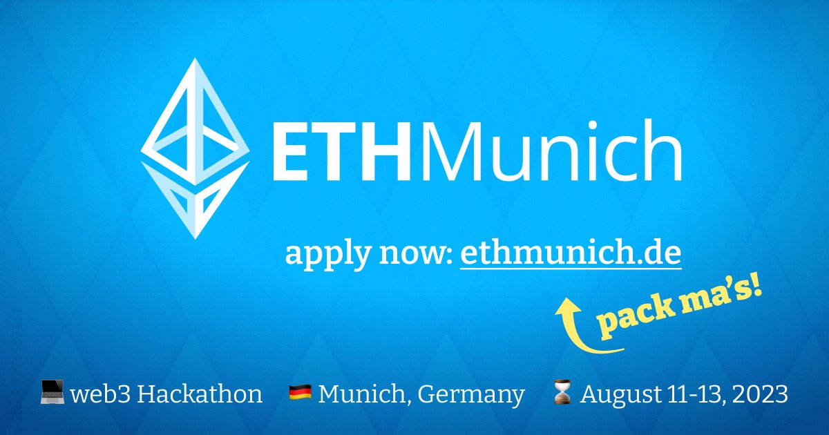 ETHMunich (@ethmunich) on Twitter photo 1/8📣 Announcement: ETHMunich Hackathon applications are now OPEN! Pack ma's!🚀
➡️ apply here: ethmunich.de it only takes 6 min.
🚨 Application deadline: 31st of July.
<a href="/sagarbarvaliya/">Sagar Barvaliya</a> <a href="/serglotz/">Serg</a> <a href="/Totenfluch/">Christian</a> <a href="/nickstracke_/">Nick | KLIYΞR.eth 👾🥨</a>  <a href="/PhilippZentner/">Philipp Zentner | LI.FI</a> <a href="/VijayPravinM/">Vijay | bitsCrunch - $BCUT</a> <a href="/RDorzbach/">Robert Dörzbach</a> 1/8📣 Announcement: ETHMunich Hackathon applications are now OPEN! Pack ma's!🚀
➡️ apply here: ethmunich.de it only takes 6 min.
🚨 Application deadline: 31st of July.
<a href="/sagarbarvaliya/">Sagar Barvaliya</a> <a href="/serglotz/">Serg</a> <a href="/Totenfluch/">Christian</a> <a href="/nickstracke_/">Nick | KLIYΞR.eth 👾🥨</a>  <a href="/PhilippZentner/">Philipp Zentner | LI.FI</a> <a href="/VijayPravinM/">Vijay | bitsCrunch - $BCUT</a> <a href="/RDorzbach/">Robert Dörzbach</a>