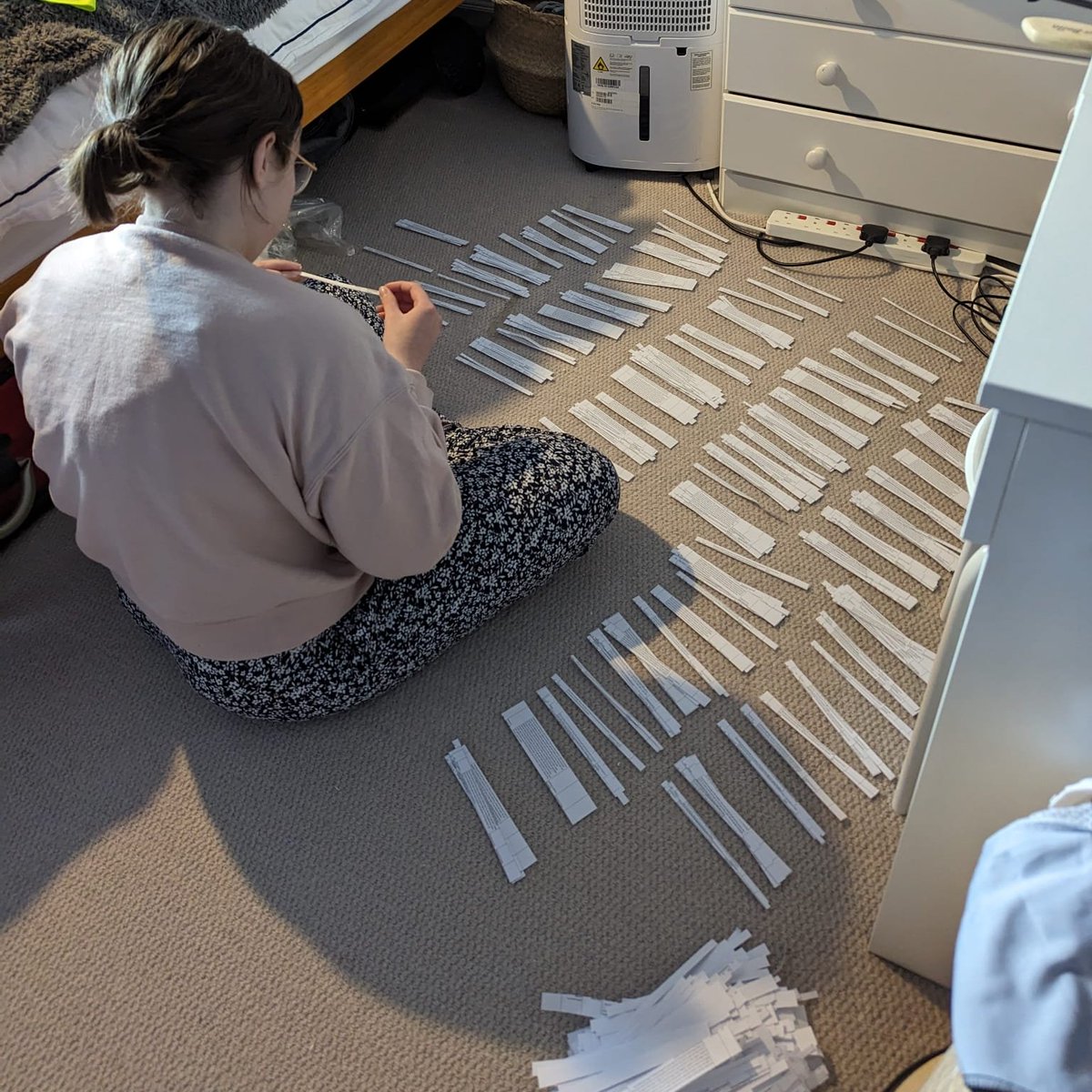 My partner took this photograph of me the other day, evidencing the time I took over our spare room with my thematic analysis 😂 I'm blaming @ginnybraun and @drvicclarke