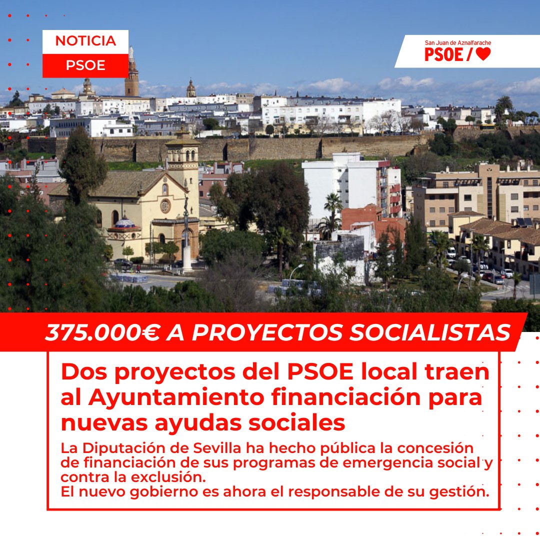 👏 Compartimos con alegría que 2 proyectos socialistas contra la exclusión han logrado financiación de la <a href="/DIPUSEVI/">Diputación de Sevilla</a>.

Son más de 375.000€ en ayudas que llegarán a las familias que peor lo pasan. El nuevo gobierno es el responsable de su gestión, que deseamos que pueda ser ágil.
