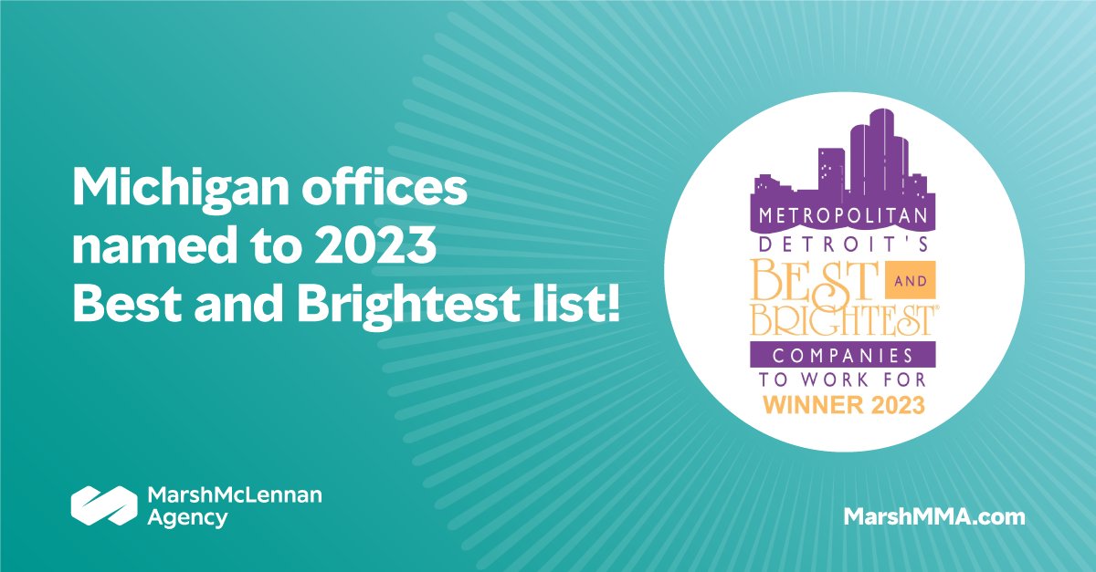 Marsh_MMA's tweet photo. Congratulations to our Troy and Grand Rapids, MI offices who were named as a Metro Detroit Best and Brightest Company to work for in 2023. This is the 22nd year that the office has been awarded this honor by @101Best! Read more at https://t.co/3p1nwcEp81 #MarshMMA #thebb https://t.co/rcpKwU1k66