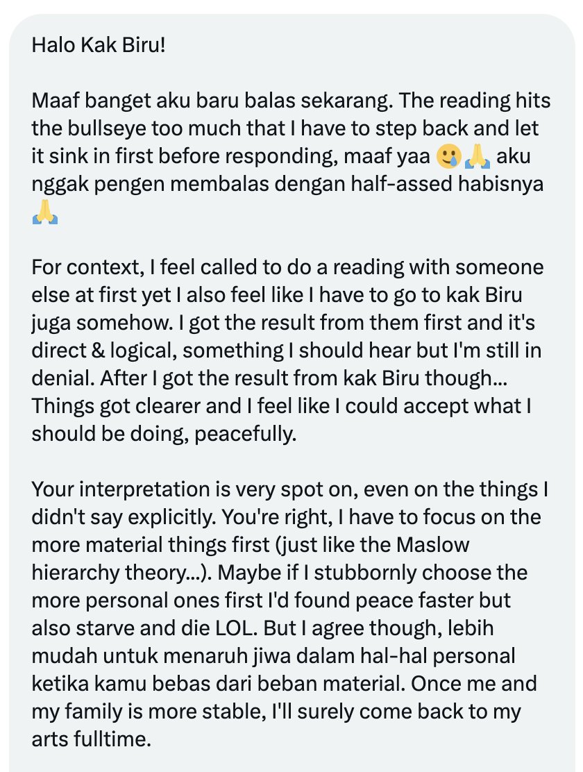 seafarium's tweet photo. tiap dapet message kayak gini itu bikin bingung mau bales gimana wkwk. :' )

there's nothing i'd love to do more than help out, jadi bersyukur banget juga udah dikasih kesempatan dan kepercayaan untuk bacain. every single time. https://t.co/3BohaShBd8