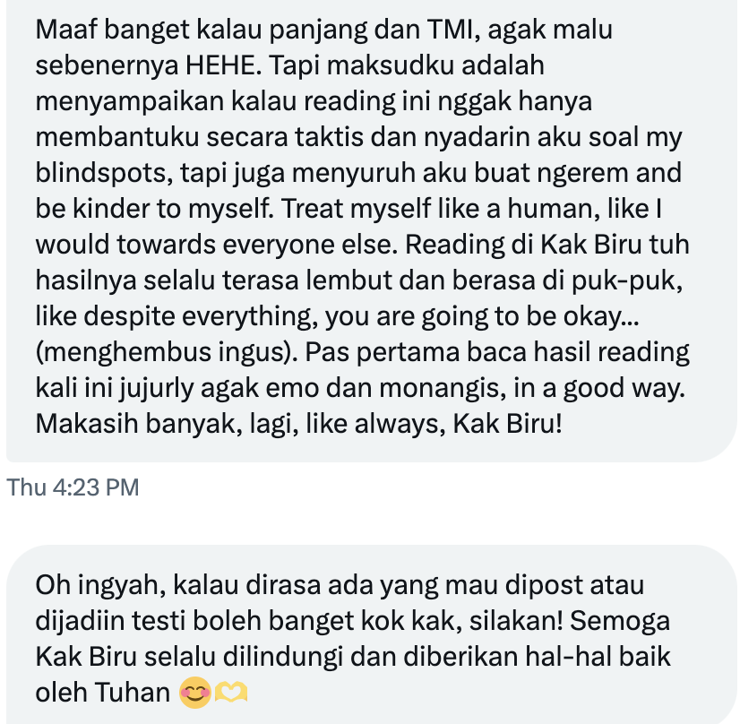 seafarium's tweet photo. tiap dapet message kayak gini itu bikin bingung mau bales gimana wkwk. :' )

there's nothing i'd love to do more than help out, jadi bersyukur banget juga udah dikasih kesempatan dan kepercayaan untuk bacain. every single time. https://t.co/3BohaShBd8