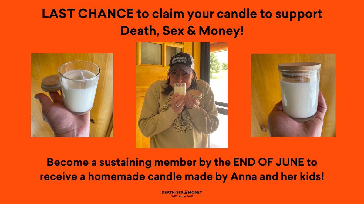 One of these candles could be yours! If you're able to give $120 (or $10/mo) by the end of June, we'll send you a candle made by @annasale and her kids. For $180 (or $15/mo), you’ll get two. Get yours at deathsexmoney.org/donate or text CANDLE to 70101. Thanks for your support!