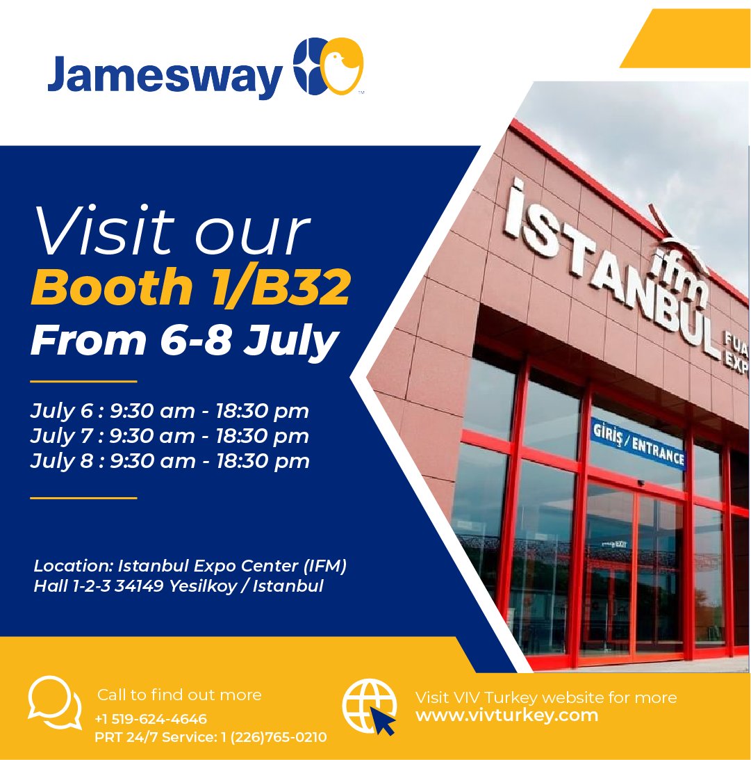 ChickMasterMKT's tweet photo. Join Jamesway at VIV Turkey 2023! 🎉
Visit our booth 1/B32 and don't miss out on this exciting opportunity! See you there!

sales@jamesway.com
+1 519-624-4646
PRT 24/7 Service: +1 (226) 765-0210
Don't forget to follow us at @Jameswayinc 
#VIVTurkey2023 #Jamesway #HatcherySolu ... https://t.co/gkLYKhIL5D