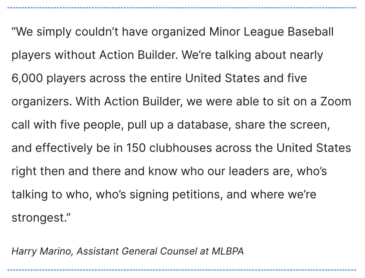 TheActionNet's tweet photo. Read our recent case study on how @MLBPA organized Minor League Baseball players with #ActionBuilder! ✊ Thank you, @MLBPA and @harry_marino for joining us! ⚾
https://t.co/qcNyGnGUVf https://t.co/W86dU6pLRf
