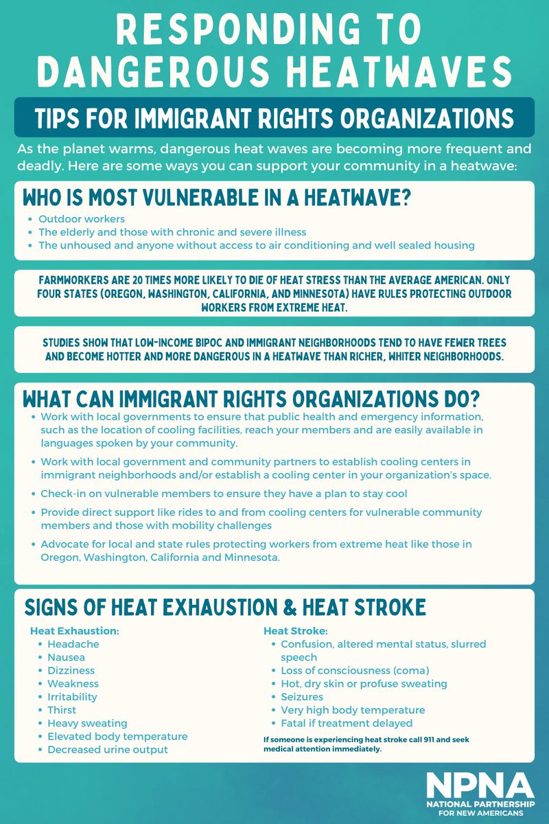 As the planet warms, dangerous heat waves are becoming more frequent & deadly. Here are some ways you can support your immigrant & refugee communities in a heatwave. Find more resources from NPNA's Climate Justice Collaborative: npna.info/CJC #ClimateJustice #heatwave