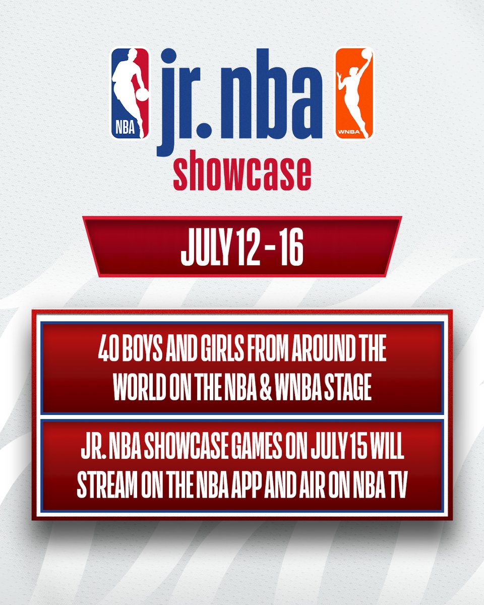 🚨Calling all youth athletes !!🚨

The FIRST ever #JrNBAShowcase presented by <a href="/NikeEYB/">EliteYouthBasketball</a> is here! Featuring 40 elite 13- &amp; 14-year-old players from 17 countries around the🌍.

Stream on July 15 on the NBA App &amp; <a href="/NBATV/">NBA TV</a>
&amp; be apart of the action. Learn more at jr.nba.com/showcase/