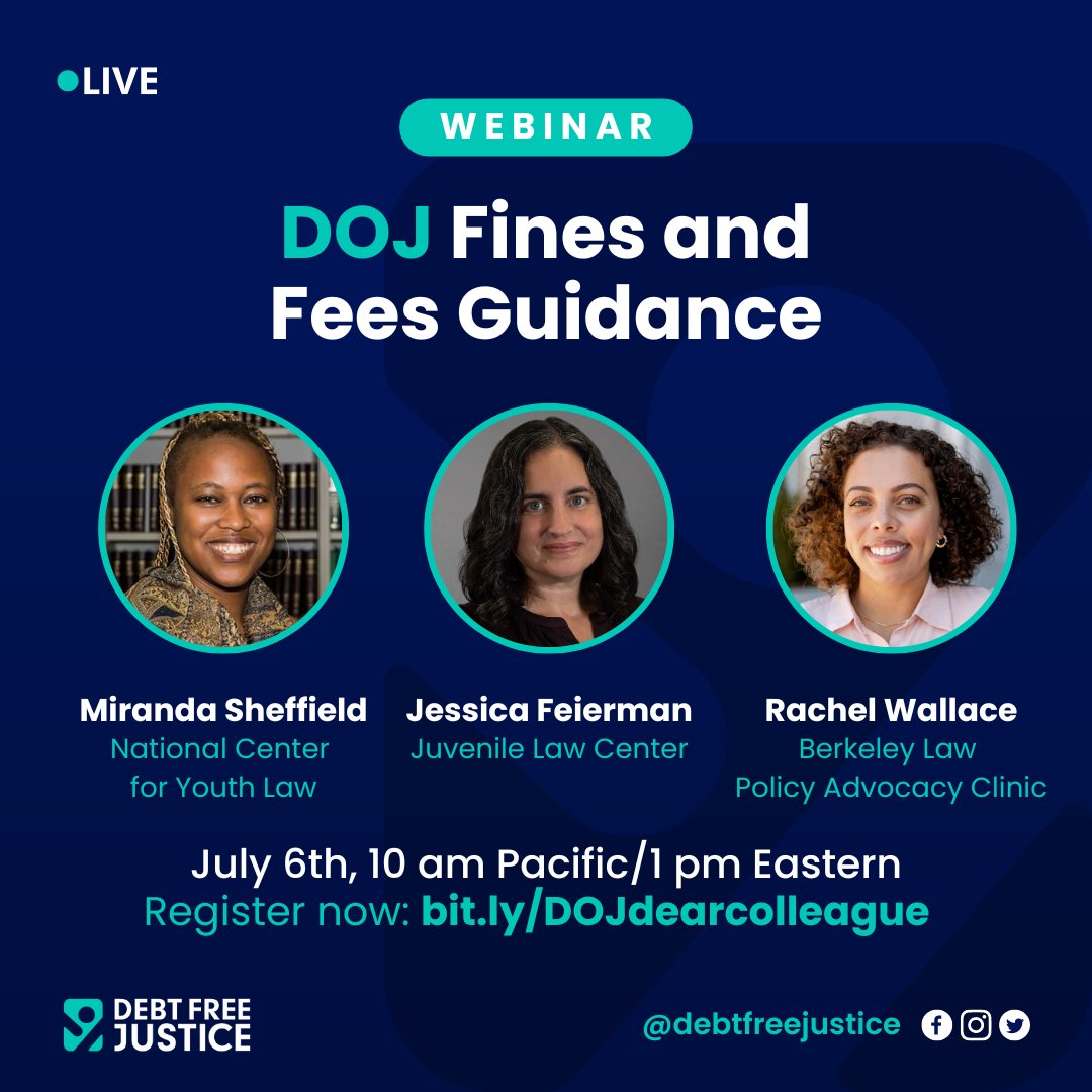 Next Thursday, we'll discuss the DOJ's Dear Colleague Letter on Fines &amp; Fees Guidance. We'll delve into the constitutional issues surrounding fines &amp; fees, the protections granted, &amp; next steps for advocates. Register: bit.ly/DOJdearcolleag… <a href="/BerkeleyLawPAC/">Berkeley Law PAC</a> <a href="/JuvLaw1975/">Juvenile Law Center</a> <a href="/NCYLnews/">The National Center for Youth Law</a>