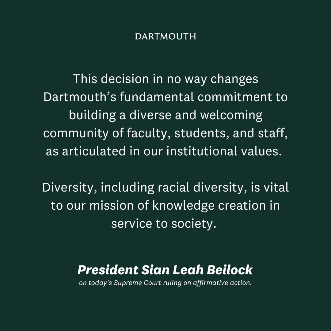 Dartmouth 🌲 (@dartmouth) on Twitter photo Read President <a href="/sianbeilock/">Sian Beilock</a>'s letter to our community on today’s ruling by the Supreme Court.: bit.ly/3r01T5U Read President <a href="/sianbeilock/">Sian Beilock</a>'s letter to our community on today’s ruling by the Supreme Court.: bit.ly/3r01T5U