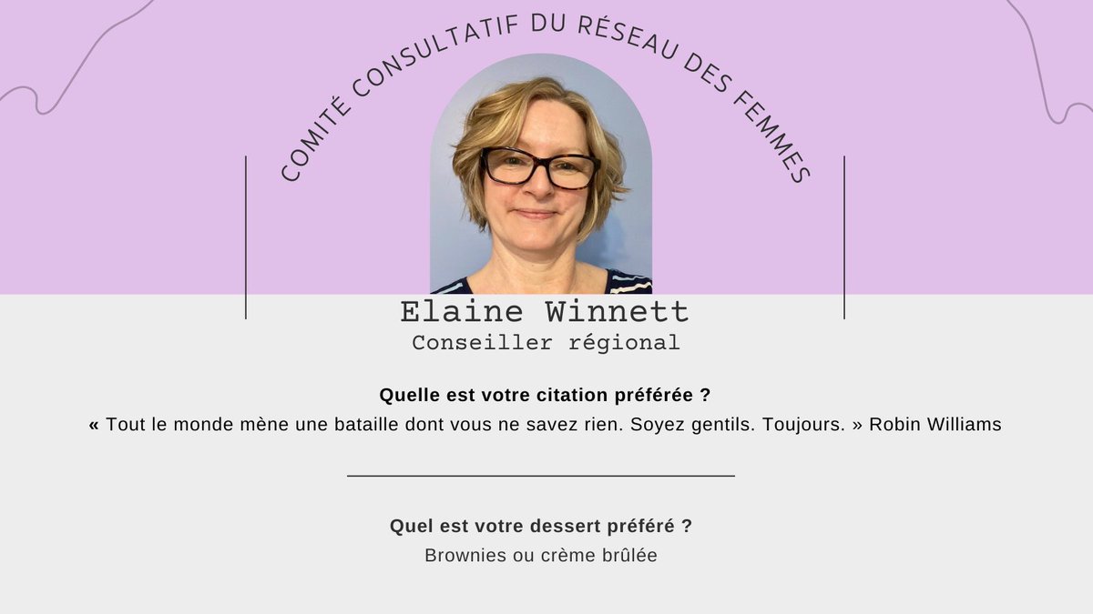 Enfin, nous souhaitons la bienvenue à Elaine Winnett, notre nouvelle conseillère régionale pour le réseau des femmes ! Elle aura pour mission de favoriser la création de communautés inclusives dans les régions. Bienvenue Elaine !