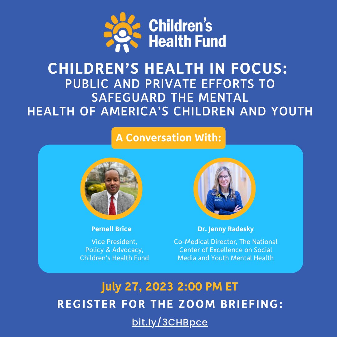 Join us for our next Zoom briefing, Children’s Health in Focus: Public and Private Efforts to Safeguard the Mental Health of America’s Children and Youth, on July 27 at 2 p.m. ET. To register, please visit: bit.ly/3CHBpce #mentalhealth #children