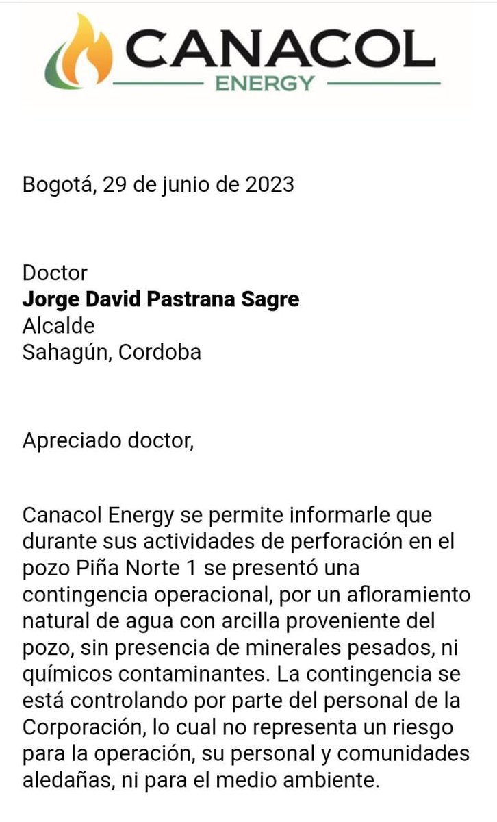 Hemos recibido respuesta por parte de la empresa Canacol Energy, sobre la situación que se registra en el corregimiento El Crucero, solicitaremos acompañamiento de autoridades ambientales para apoyar esta contingencia.