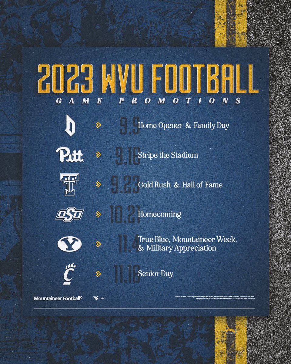 WVUfootball's tweet photo. 9/16 🟡🔵
9/23 🟡🟡
11/4 🔵🔵

Full list of promos: https://t.co/vLuaQ29fNT

#HailWV https://t.co/BVv5EwoYg2