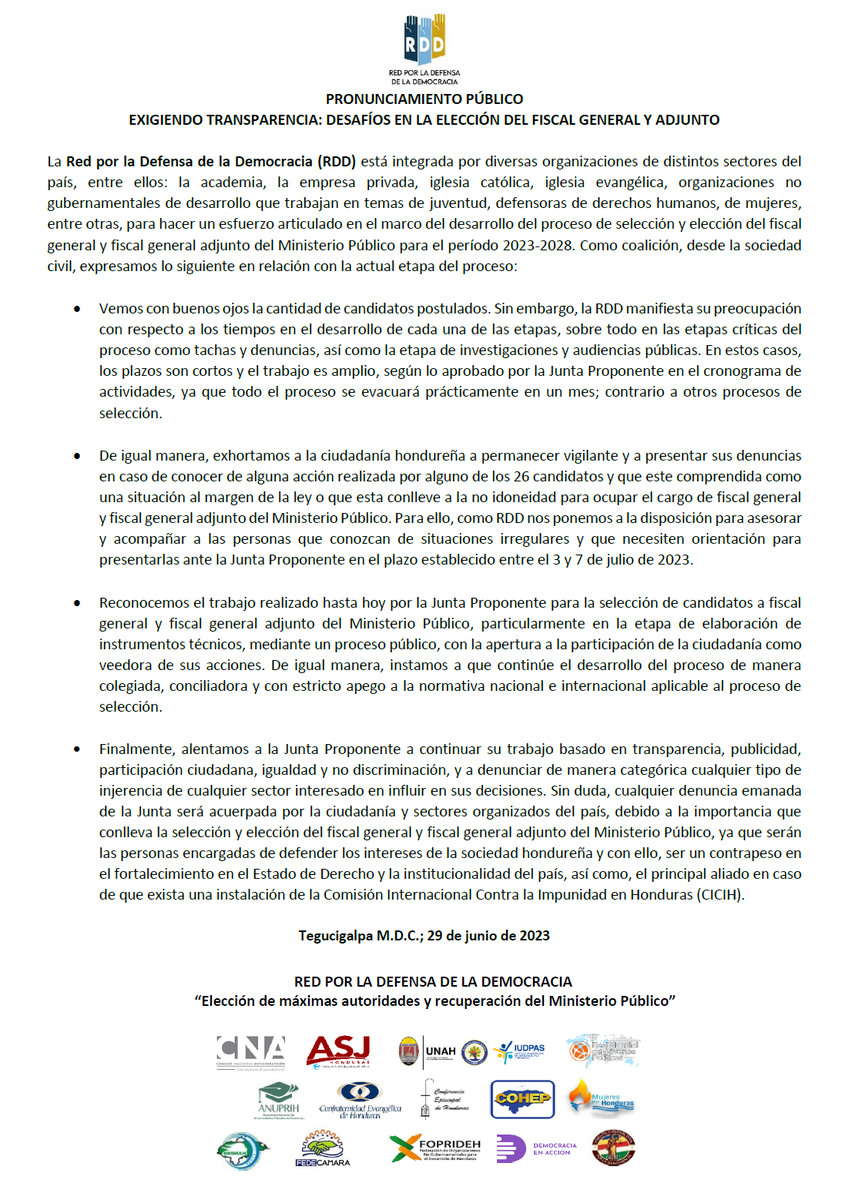 RDD_HN's tweet photo. La Red por la Defensa de la Democracia hizo un llamado a la Junta Proponente a continuar su trabajo basado en transparencia, publicidad, participación ciudadana, igualdad y no discriminación, y a denunciar cualquier tipo de injerencia. https://t.co/7xxJGdyJac
