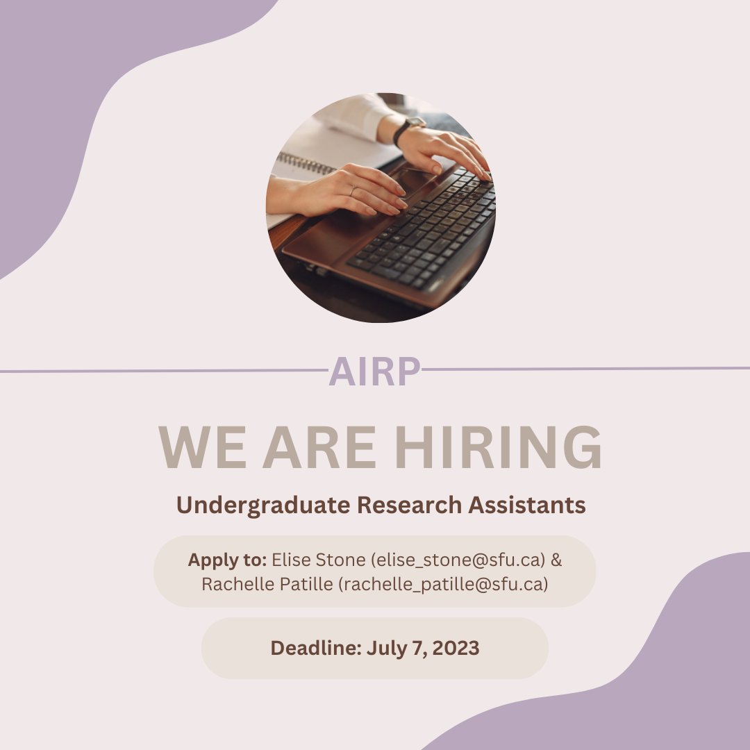 SFU Gerontology (@sfugero) on Twitter photo The @airp_vabe team is hiring two undergraduate research assistants! Applications and questions can be sent to Elise Stone (elise_stone@sfu.ca) and Rachelle Patille (rachelle_patille@sfu.ca).
Job Description: bit.ly/44s1sjt
Application Deadline: July 7, 2023 The @airp_vabe team is hiring two undergraduate research assistants! Applications and questions can be sent to Elise Stone (elise_stone@sfu.ca) and Rachelle Patille (rachelle_patille@sfu.ca).
Job Description: bit.ly/44s1sjt
Application Deadline: July 7, 2023
