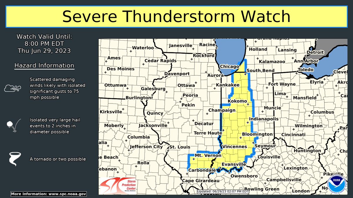 A Severe Thunderstorm Watch is out for southern IL, western/central IN, southwest Lower Michigan, and Lake Michigan. Destructive wind (some 75+ mph), large hail (some 2 in), and a tornado or two will be possible.  More Info: spc.noaa.gov #inwx #ilwx #inwx #miwx