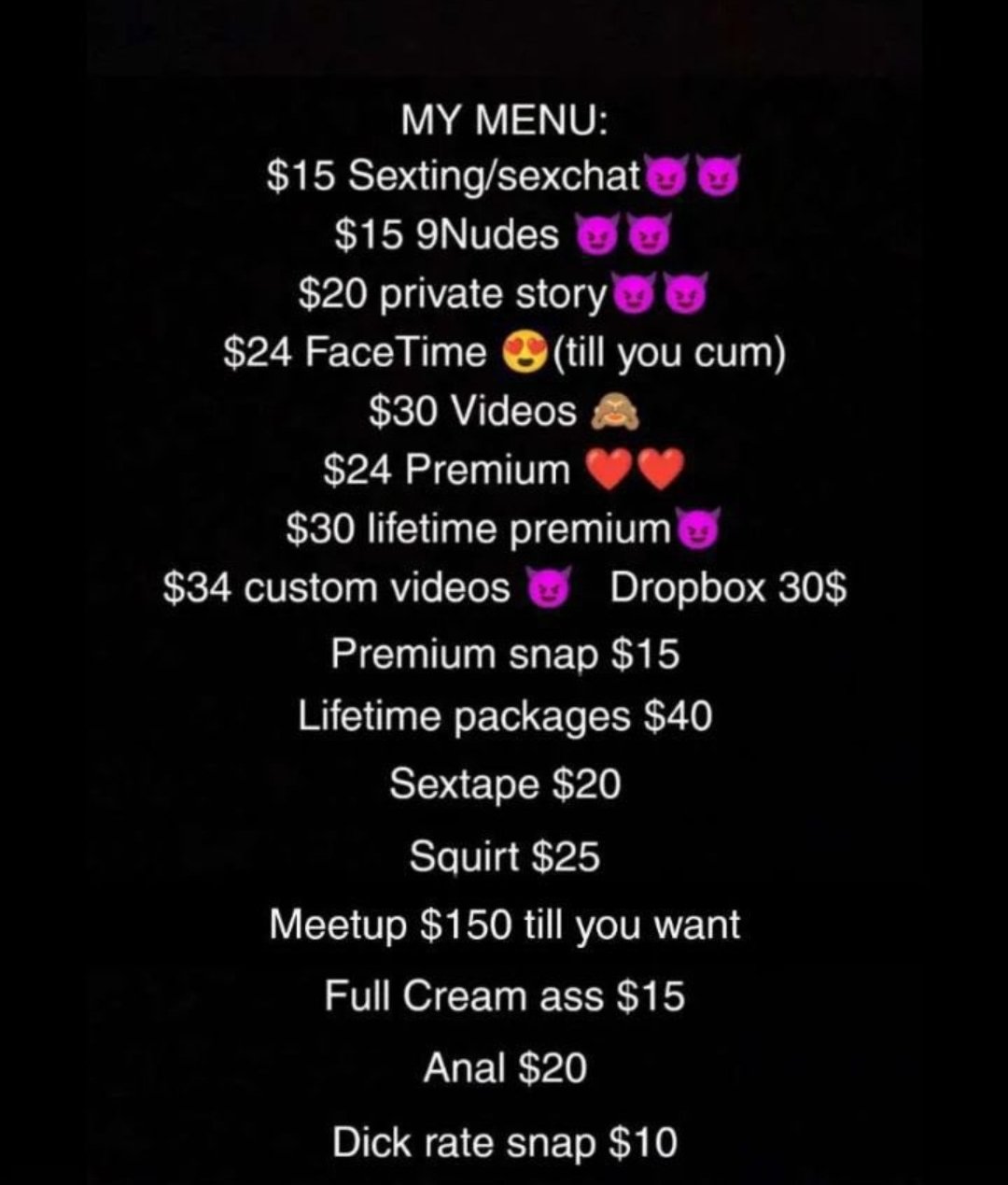 Mr. Wholebean on X: Yall need to work on your sex menus. $20 for anal is  wild. And wtf is dick rate snap 😭😭 t.co9peyP5TNjZ  X