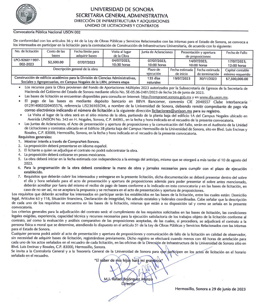 .<a href="/SoyUnison/">Soy Unison</a> convoca a la licitación pública para construcción de edificio académico para la Div. Ciencias Administrativas, Sociales y Agropecuarias, Nogales (1er. Etapa). Información en: dia.unison.mx/licitaciones-v…
#Licitaciónpública
<a href="/cmicsonora/">CMIC Sonora</a> <a href="/FCAES2/">FCAES</a> <a href="/cachermosillo/">CACH</a> <a href="/CICSON/">CICSonora</a>
