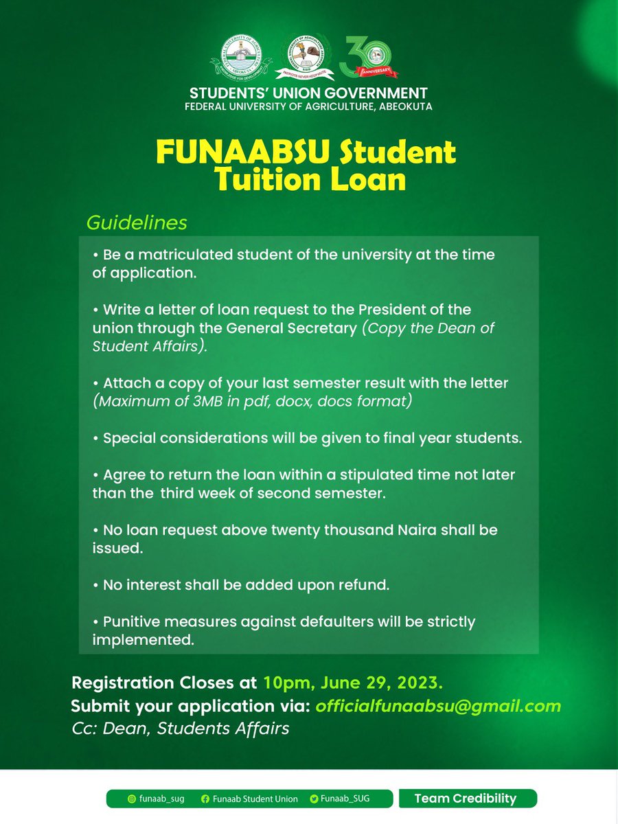 FUNAAB_SUG's tweet photo. In view of the impending deadline for school fees payment and the fast approaching First Semester examination, the administrative body of the Student Union has devised a relief system aimed at assisting students who have not paid. https://t.co/JY2iCp64YZ