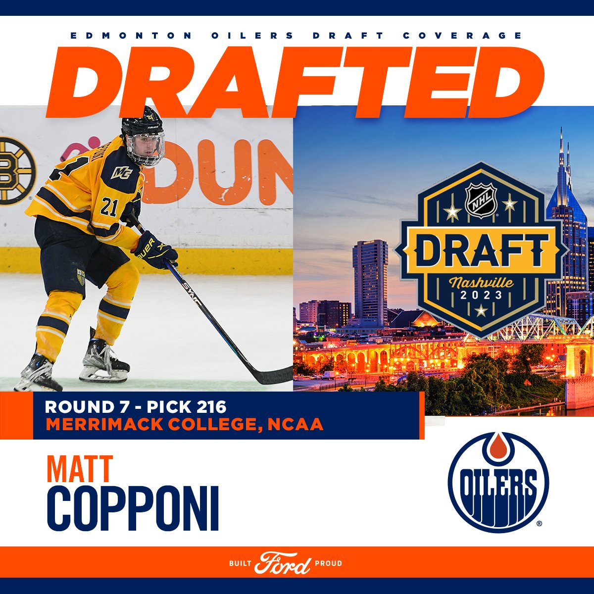 With the 216th overall pick at the #NHLDraft, the #Oilers are proud to select centre Matt Copponi from Merrimack College of the NCAA!

<a href="/FordCanada/">Ford Canada</a> | #LetsGoOilers