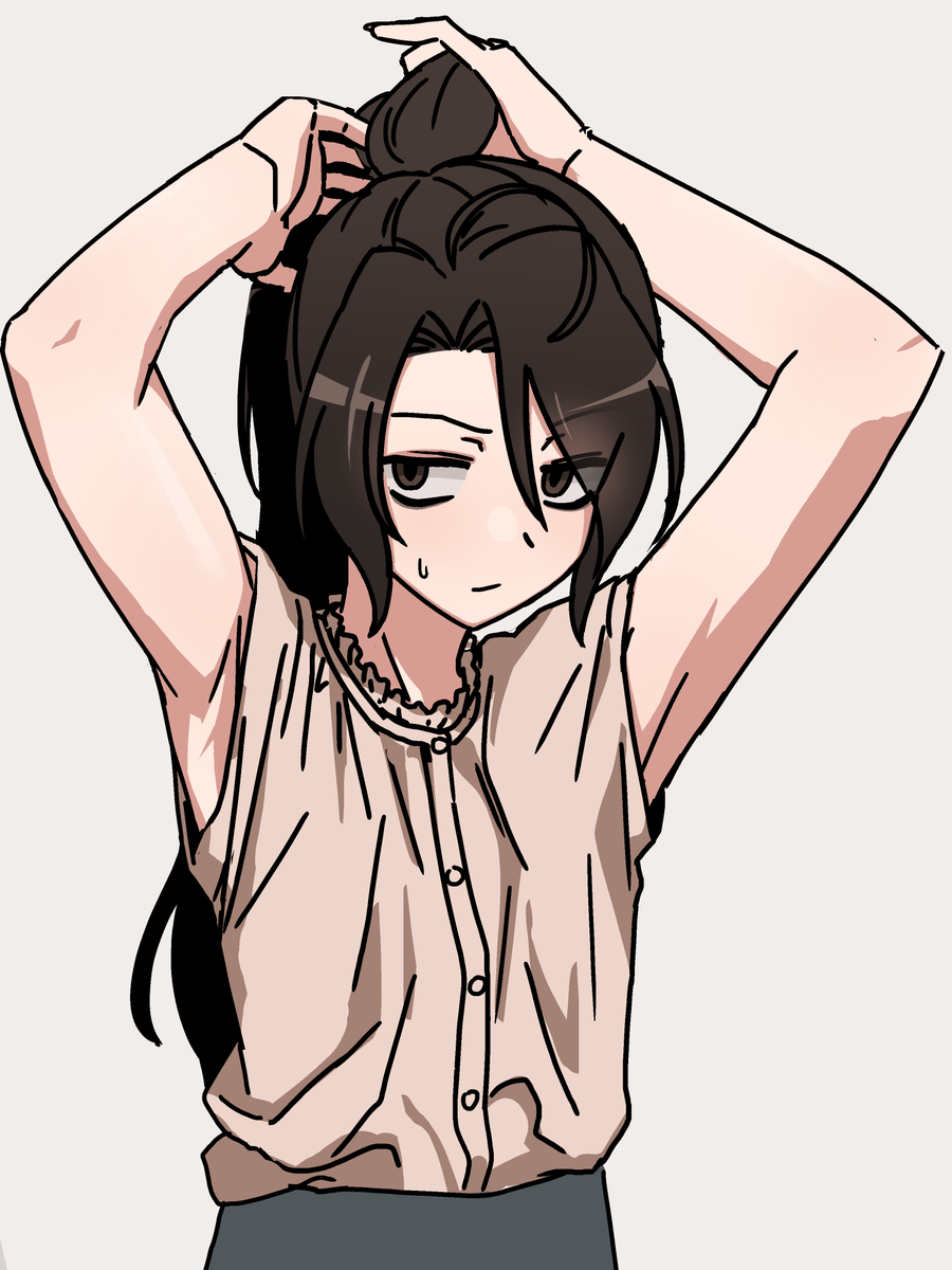 solo long hair armpits simple background ponytail black hair sweatdrop  illustration images