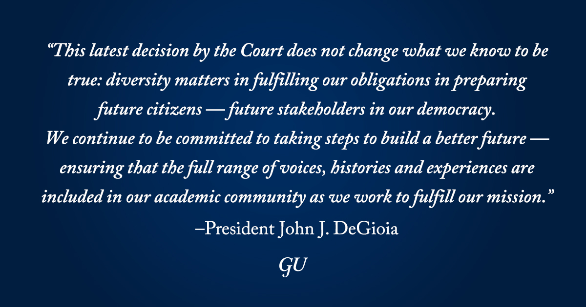 A statement from Georgetown University President John J. DeGioia on today’s Supreme Court ruling and our commitment to diversity, equity and inclusion. Learn more: bit.ly/46nuKS9