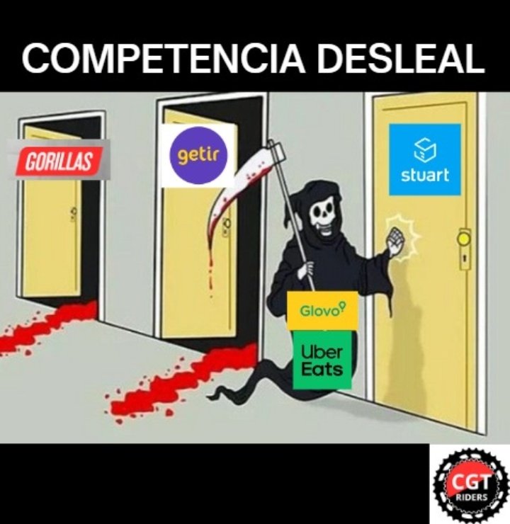 Hoy hemos recibido la noticia de que Getir cierra sus centros de trabajo en el Estado español. 
Otra víctima más de la competencia desleal de Glovo y Uber Eats que aún emplean a falsos autónomos.
El gobierno lo permite 🤡
Cientos de familias al paro.
¿Cuál será la siguiente?