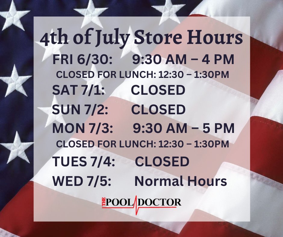 Have a fun and safe 4th of July Holiday!

4th of July Store Hours
FRI 6/30:9:30 AM – 4 PM
CLOSED FOR LUNCH: 12:30 – 1:30PM
SAT 7/1:CLOSED
SUN 7/2:CLOSED
MON 7/3: 9:30 AM – 5 PM
CLOSED FOR LUNCH: 12:30 – 1:30PM
TUES 7/4:CLOSED
WED 7/5:     Normal Hours