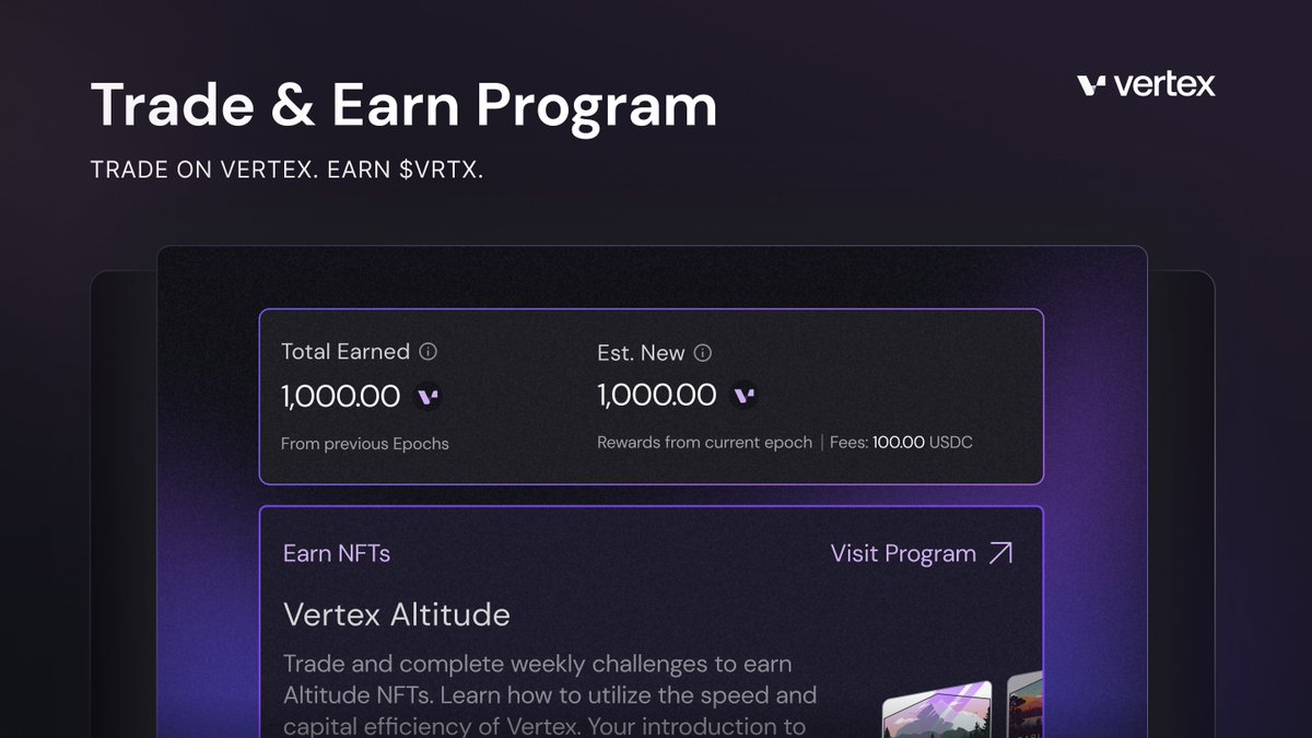 vertex_protocol's tweet image. The Vertex Trade &amp;amp; Earn Program is designed to acknowledge &amp;amp; reward loyal users with $VRTX.

Why trade speculatively, when you can earn rewards transparently?

V is for Vertex.