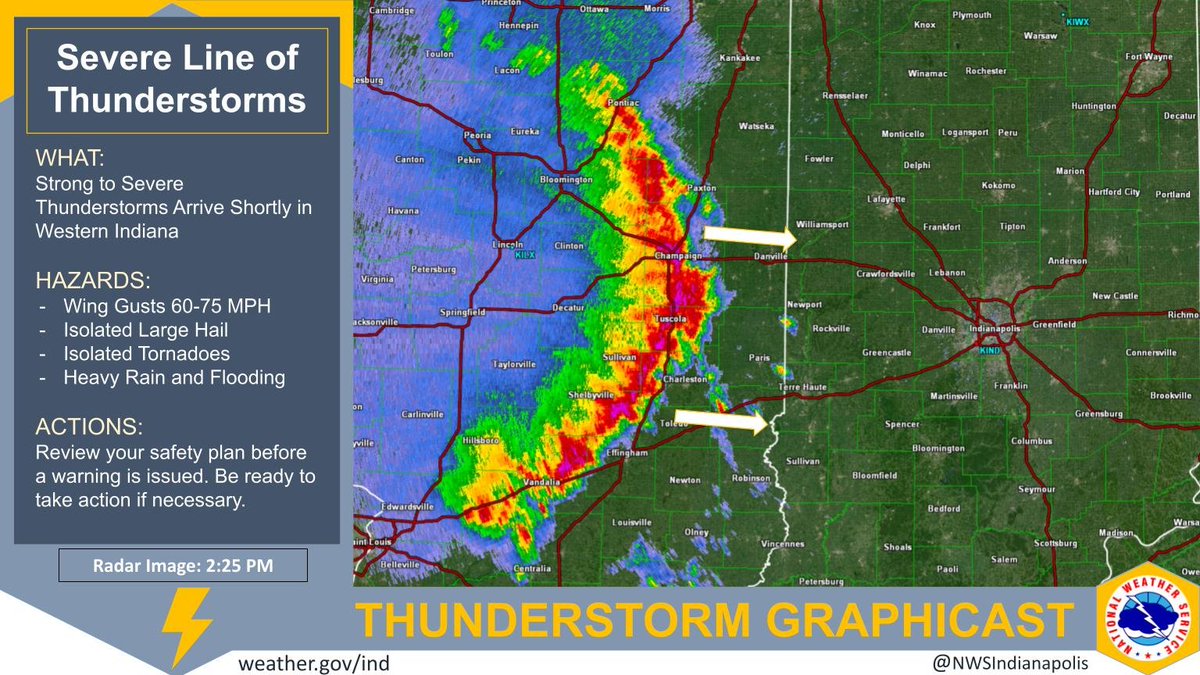 A line of strong to severe thunderstorms will move east into central #inwx before 3:00 PM EDT and then move across the area. Some of the storms may produce damaging winds, large hail, and heavy rain and flooding. Isolated tornadoes are also possible.