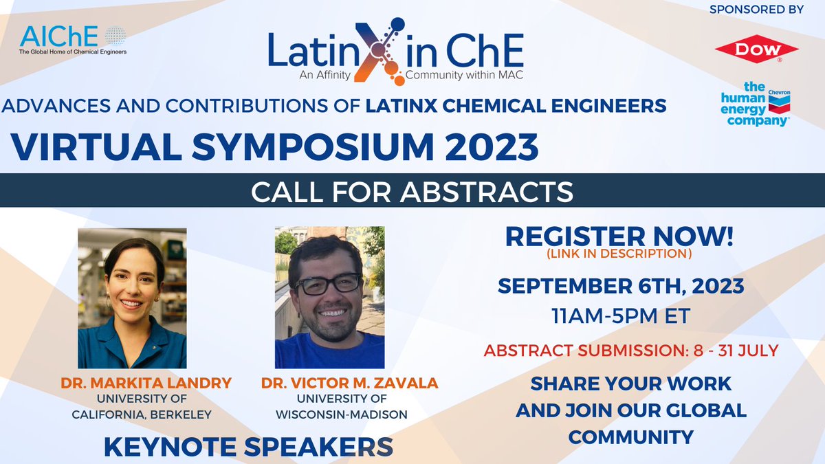 🎉 Join us for our 1st virtual LatinXinChE symposium!
🗓️ Save the date: Wednesday, Sept/6/2023, 8amPT/11am ET.
⏰ Register here now to attend and be part of our vibrant virtual community bit.ly/3qZl1Ry
🌍 Let's connect, engage, and empower each other in the world of ChE.