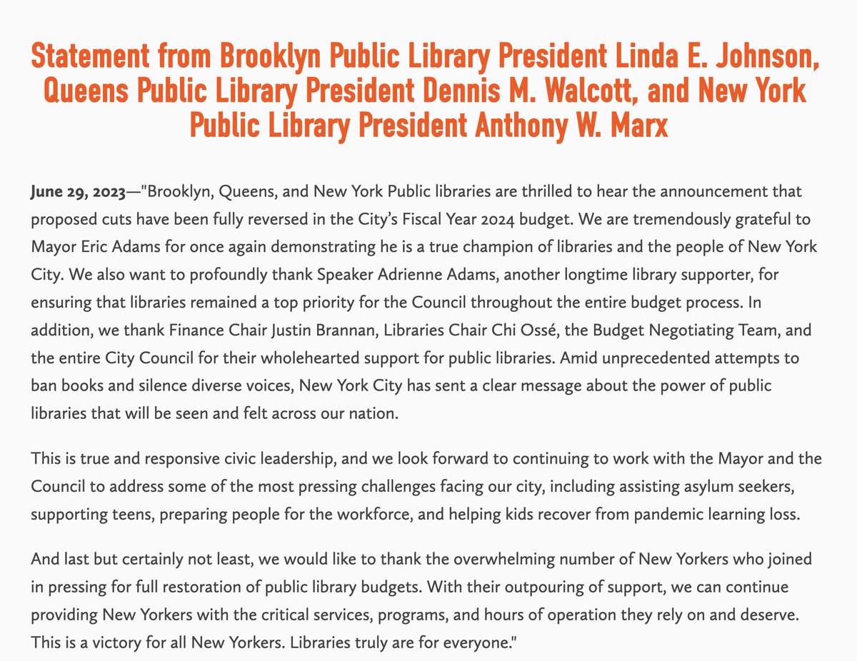 Great news for New York City: City leaders announced there will be #NoCutsToLibraries! 

Thank you <a href="/NYCMayor/">Mayor Eric Adams</a> &amp; <a href="/NYCCouncil/">New York City Council</a> for FULLY restoring public library budgets! And thank you to New Yorkers for standing up for libraries and saving weekend service. investinlibraries.org