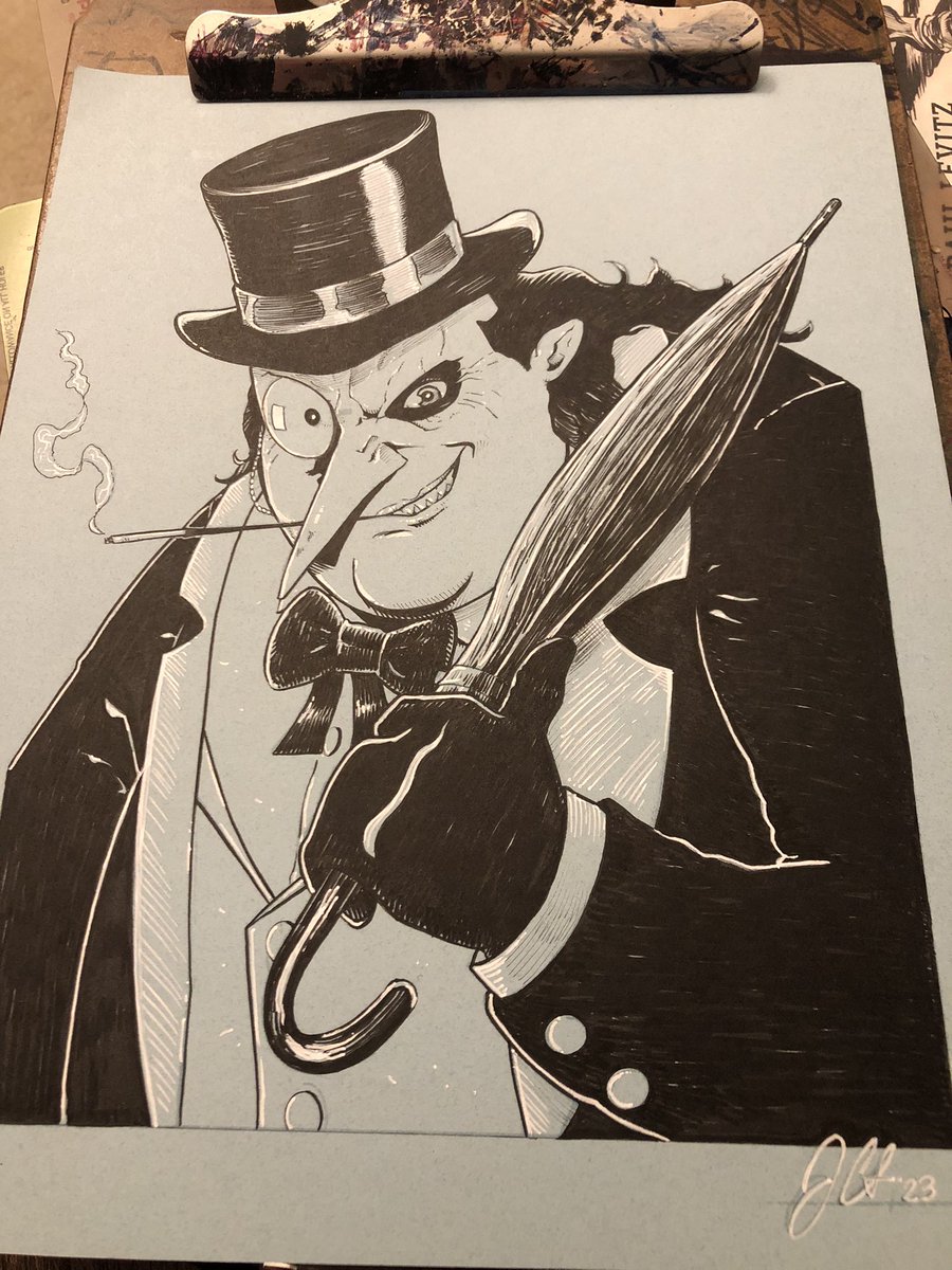 Close up of my drawing for @trueier ! Winner of my 1st 2023 giveaway! He requested Penguin! Great choice! 2nd Giveaway Coming Soon! 
@dcofficial #drawing #penandink #penguin #oswaldcobblepot #batmanvillains #tonepaper #whitehighlights #myart #jchristopherschmidt #giveaway