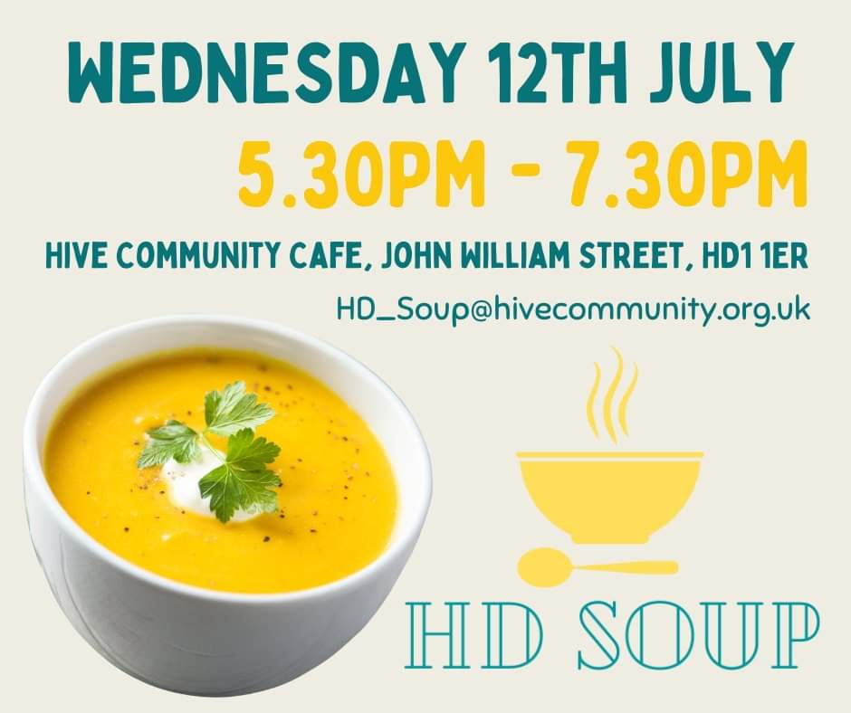 Not long til our next HD Soup! 
Join us at <a href="/HIVEcafe1/">HIVE_cafe</a> on Weds 12th July to discover the wonderful projects happening around Huddersfield, network with like minded individuals and enjoy some delicious soups! 

All details to attend can be found at hdsoup.co.uk