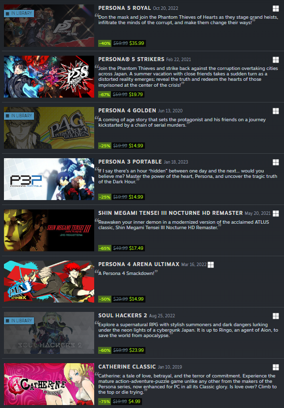 Every single ATLUS title on Steam (𝙖𝙨𝙞𝙙𝙚 𝙛𝙧𝙤𝙢 𝙀𝙩𝙧𝙖𝙞𝙣 𝙊𝙙𝙮𝙨𝙨𝙚𝙮) is currently on sale right now!
store.steampowered.com/developer/ATLU…