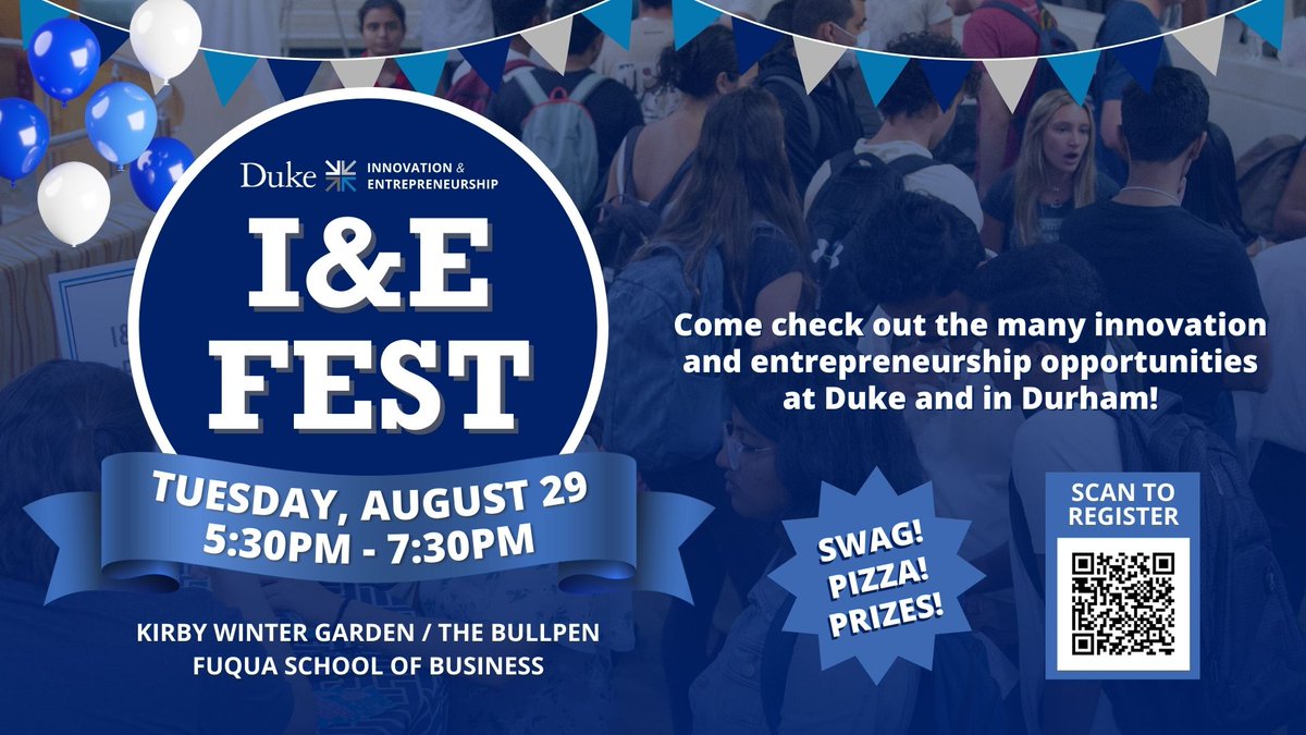 We’re throwing a party to kick off the academic year and showcase the many innovation and entrepreneurship opportunities @DukeU and in the Durham area! Open to all @DukeStudents. 🗓️ Tuesday, August 29 from 5:30-7:30pm 📍 @DukeFuqua School of Business 🔗 duke.is/6/ata7