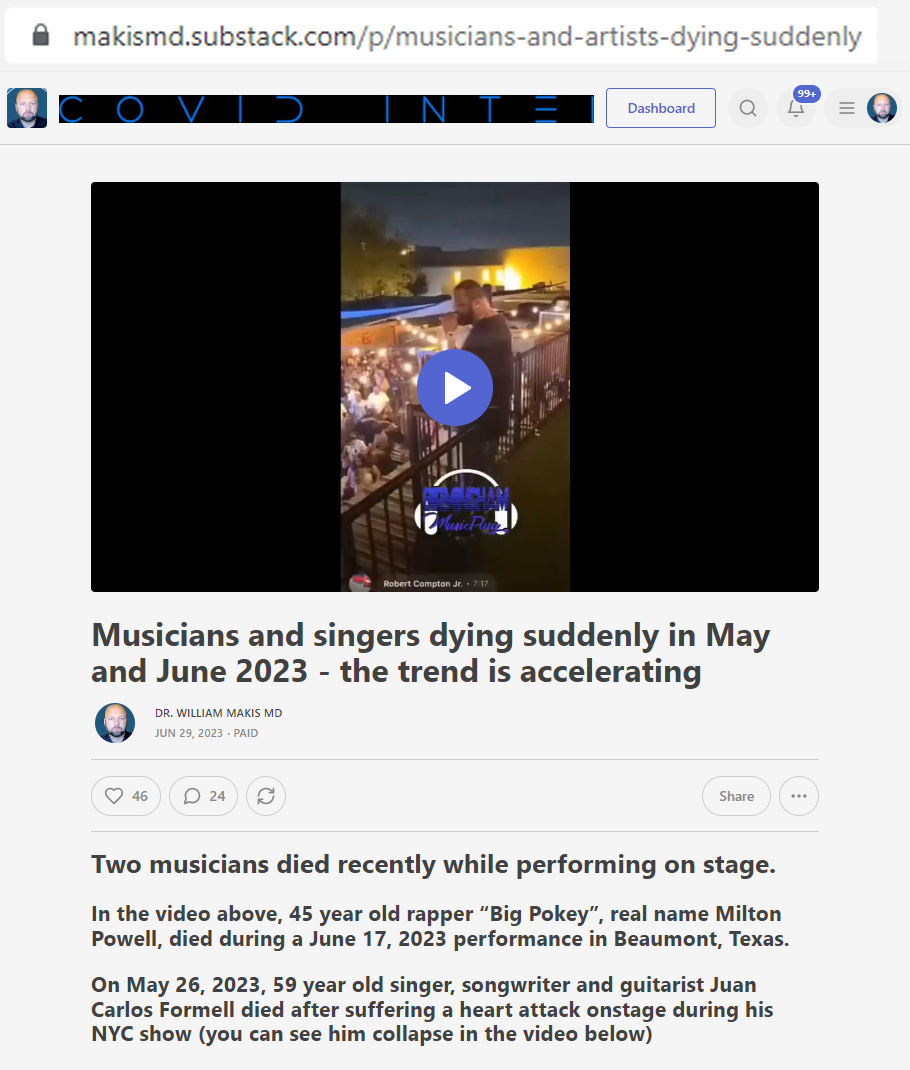 NEW ARTICLE: Musicians and singers dying suddenly in May and June 2023 - the trend is accelerating!

45 yo rapper Big Pokey (Milton Powell) died suddenly during a June 17, 2023 performance in Beaumont, Texas.

At least 11 other musicians died in May/June.

Article link in photo…